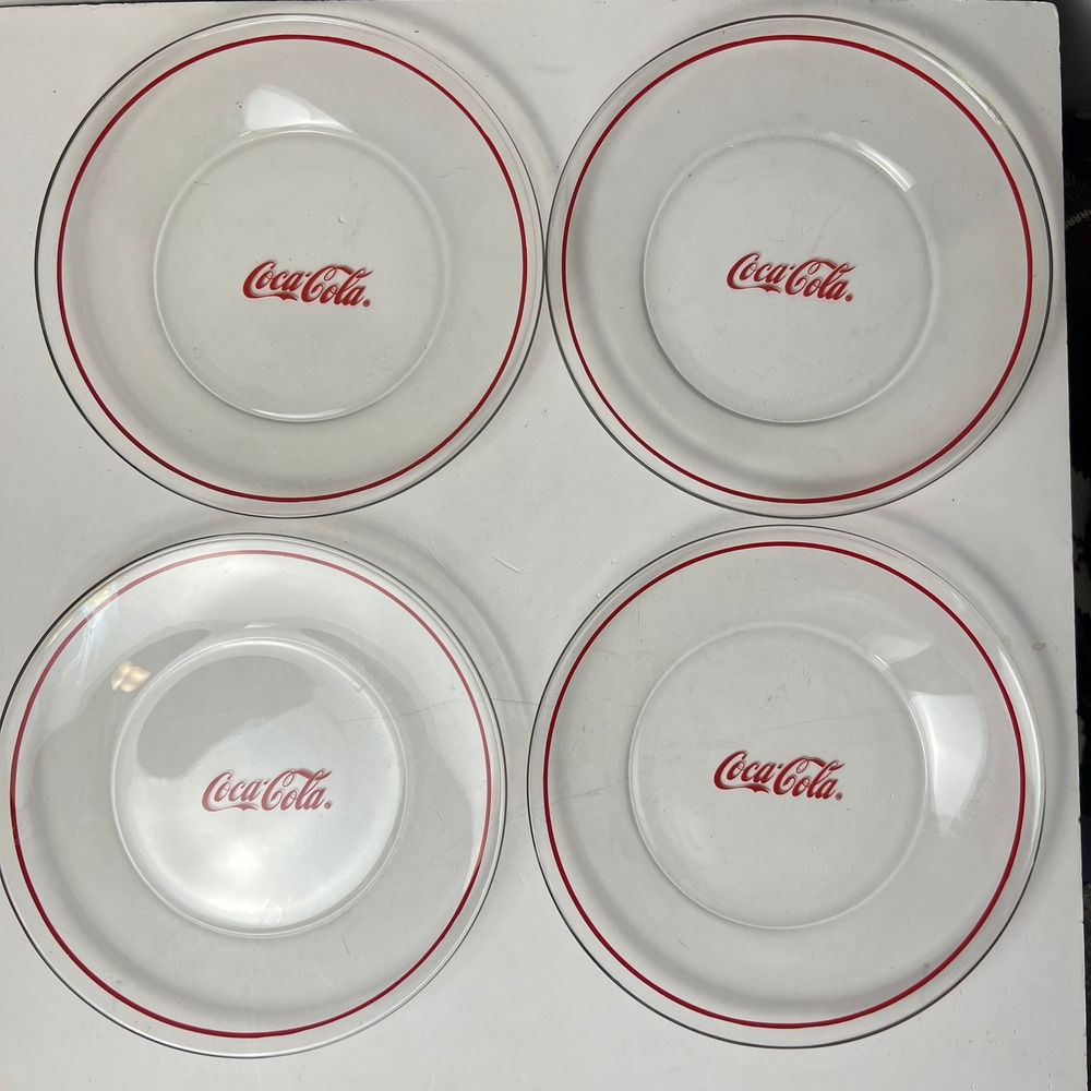 Coca-Cola Glass Plates Set of 4 Clear Red Logo 10in Vintage Soda Shop Decor